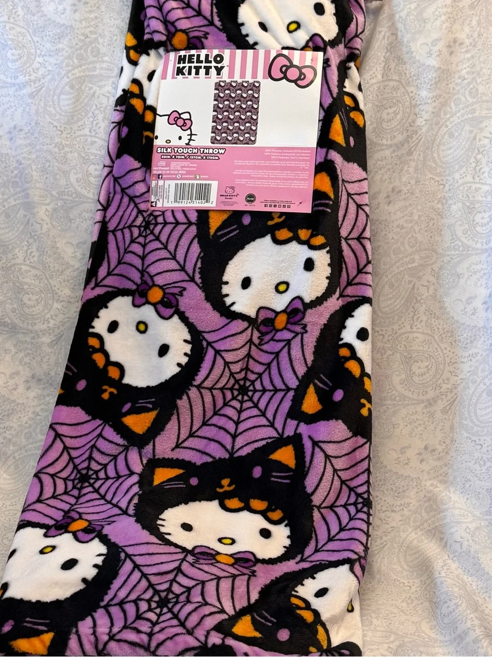 Hello Kitty as Black Cat on Purple Spiderweb Halloween Throw